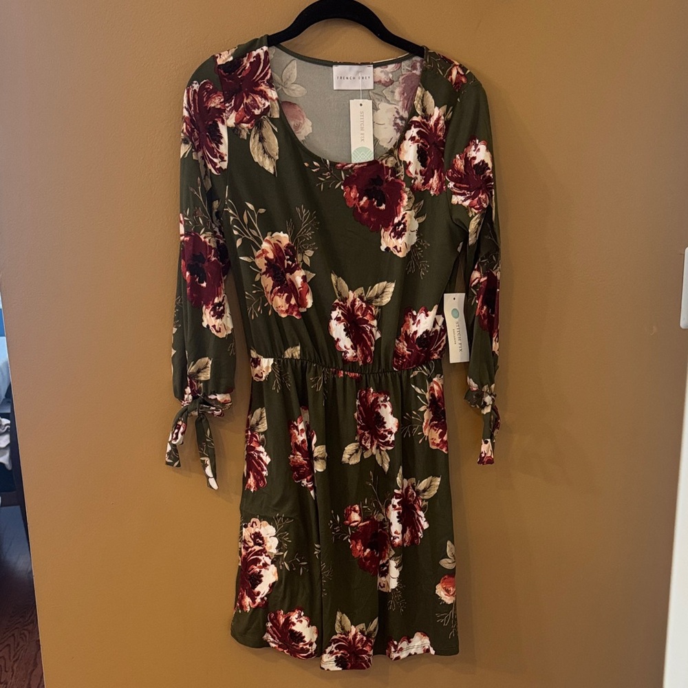 French Grey Floral Long Sleeve Dress - Olive and Burgundy